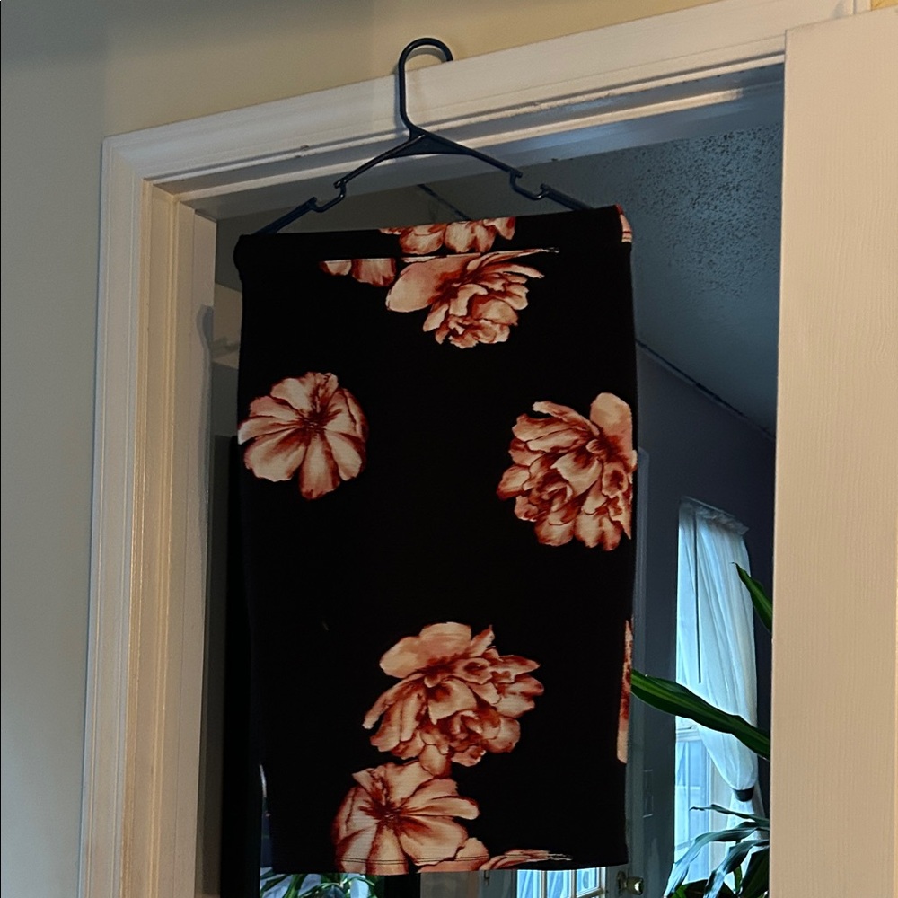 Iris Black Pencil Skirt with Pink Floral Design